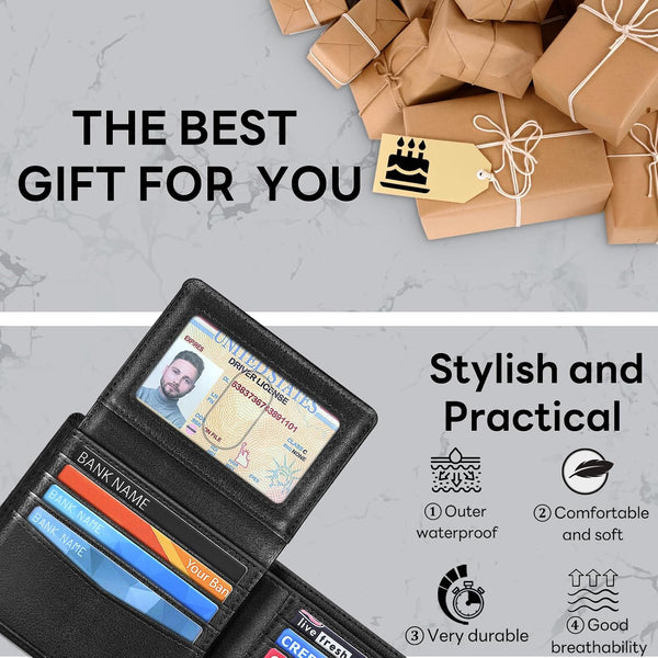 Wallet for Men, Premium Classic Mens Wallet Minimalist Slim Bifold Wallet, RFID Blocking Wallet with 10 Credit Card, 2 ID Window and 2 Cash Slots,