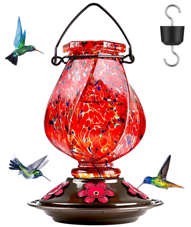 BOLITE Hummingbird Feeders for Outdoors Hanging, Hand Blown, Red, 22oz | Glass Hummingbird Feeder with Ant Moat, 5 Bee-Proof Ports, Leak-Proof,