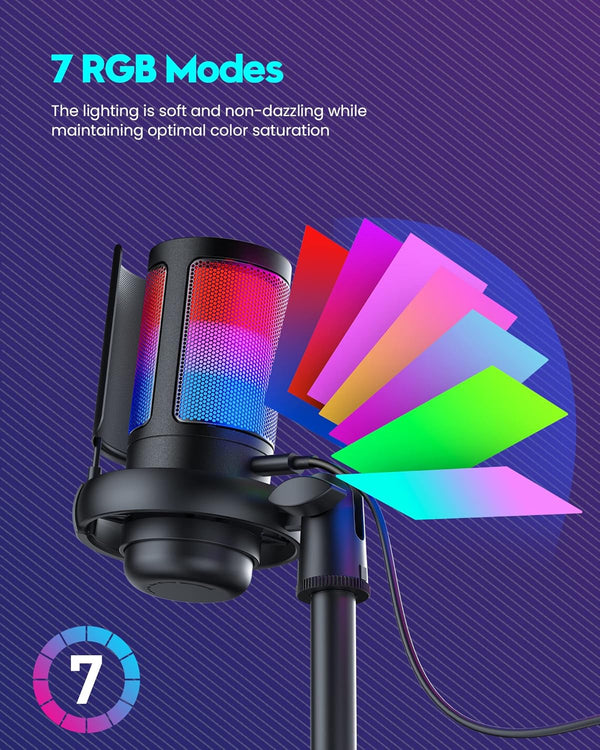 Gaming Microphone, USB PC Mic for Podcasts Videos, Streaming, Condenser Mic with Quick Mute, Tripod Stand, Pop Filter, RGB Indicator, Shock Mount,