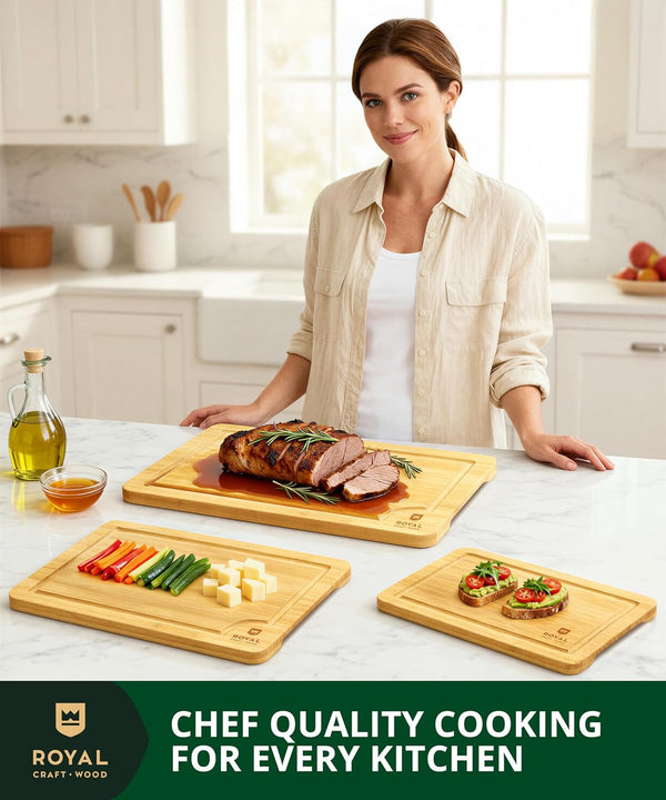 ROYAL CRAFT WOOD Wooden Cutting Boards for Kitchen Meal Prep & Serving - Bamboo Wood Serving Board Set with Deep Juice Groove Side Handles -
