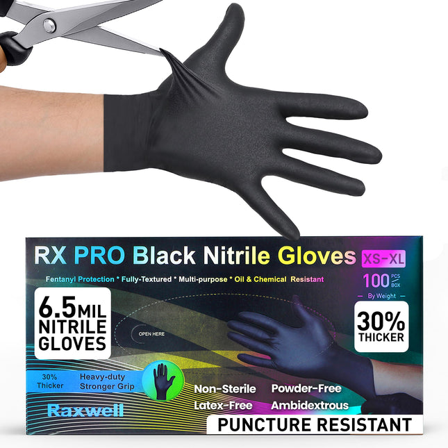 Raxwell Heavy Duty Disposable Gloves Latex Free | 6.5 Mil Black Nitrile Gloves X-Large | 100 Count Powder Free & Chemica