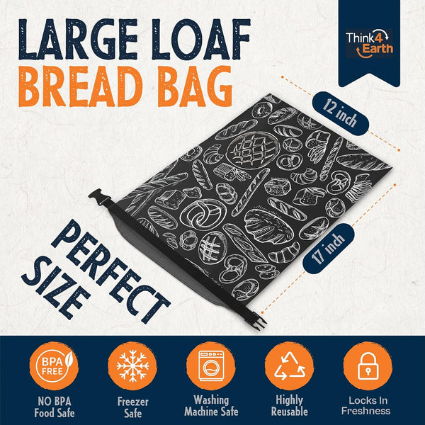 THINK4EARTH® Premium Black Reusable Bread Bags for Homemade Bread – Durable & Washable (2 Pack) Black Bread Bag 2 Pack