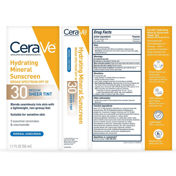 CeraVe Hydrating Mineral Sunscreen SPF 30 with Sheer Tint, Tinted Mineral Sunscreen with Zinc Oxide & Titanium Dioxide, Blends Seamlessly For