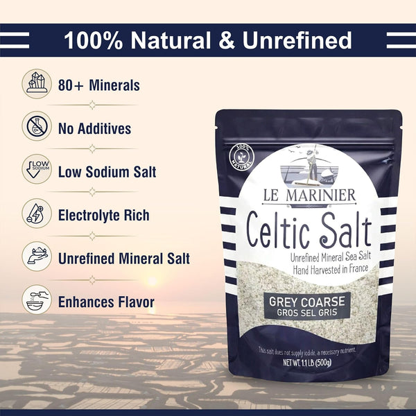 Le Marinier Celtic Salt Organic Grey Coarse, 1.1lb - 18oz. Mineral Rich 100% Natural and Unrefined French Sea Salt Organic. Hand Harvested Mineral