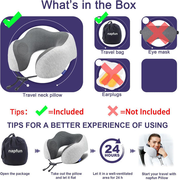 Napfun Neck Pillow for Traveling, Upgraded Travel Neck Pillow for Airplane 100% Pure Memory Foam Travel Pillow for Flight Headrest Sleep, Portable
