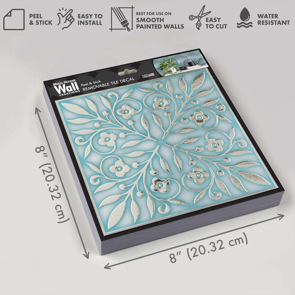 Main Street Peel and Stick Wallpaper Tiles, Teal & Silver Leaves, 24-Pack | 8"x8" tiles, covers 10.67 sq ft. Peel-and-stick paper, no extra