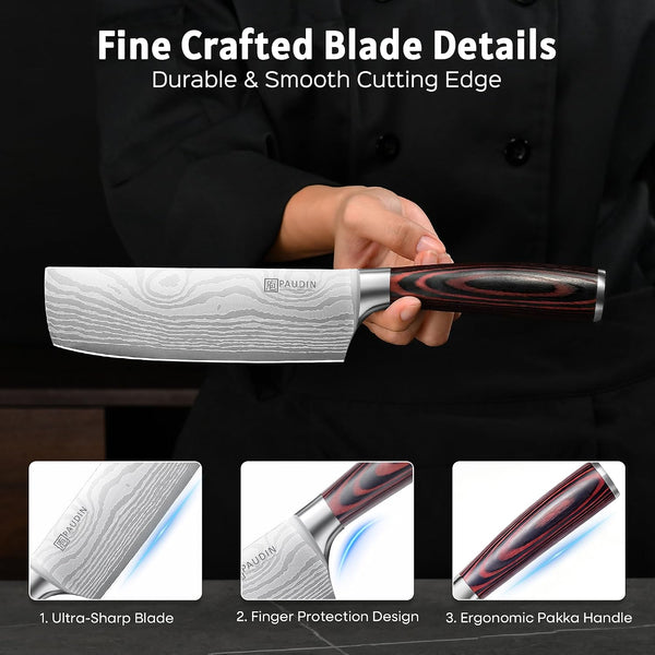 PAUDIN Nakiri Knife - 7" Razor Sharp Meat Cleaver and Vegetable Kitchen Knife, High Carbon Stainless Steel, Multipurpose Asian Chef Knife for Home