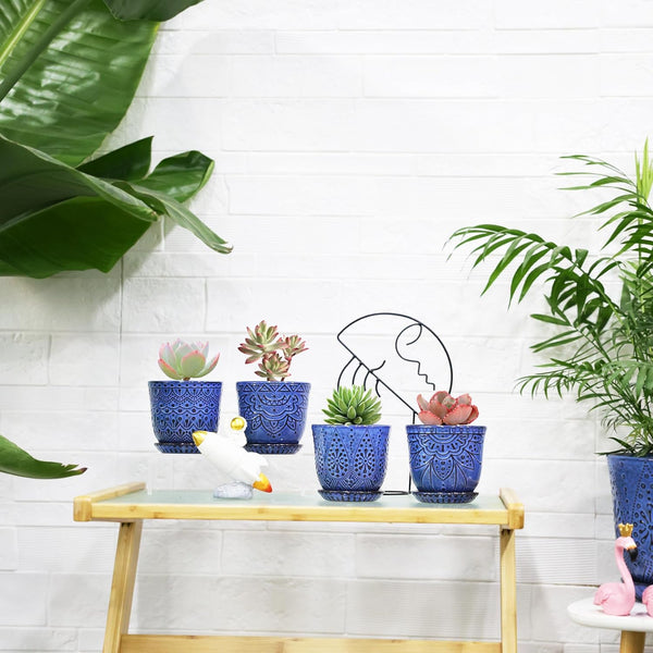 Gepege Succulent Pots, 4 Inch Small Indoor Ceramic Planter Pot with Drainage Holes and Saucers for Plants- Blue - Set of 4 4 Inch - Set of 4 Blue