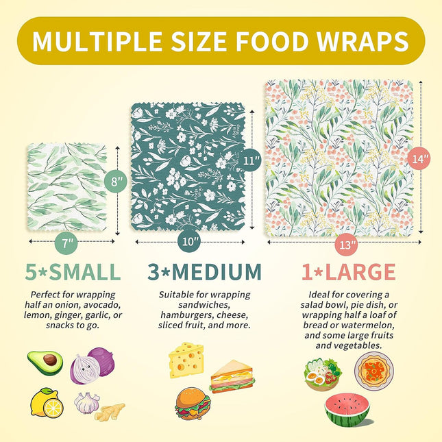 Beeswax Food Wrap, Reusable Beeswax Wraps Storage Set 9-Pack (5S 3M 1L), Organic