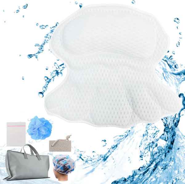 4D Bath Pillow with 6 Strong Non-Slip Suction Cups, Wooven Handle Bag, Loofah, Shower Cap, Foot Filer, and Laundry Bag - Luxury Bathtub Pillow -