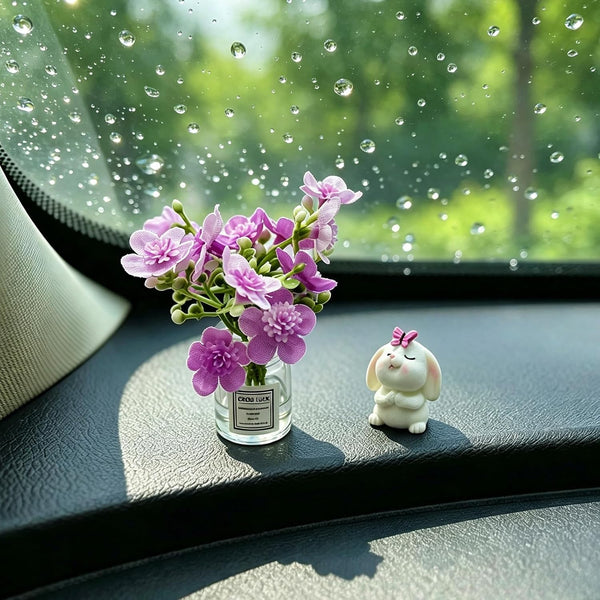 Set of 2 Cute Mini Bunny and Peach Blossom in Flower Vase Car Rearview Mirror Ornaments Funny Dashboard Decorations Kawaii Car Interior
