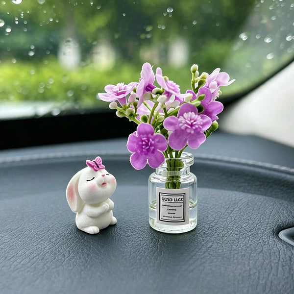 Set of 2 Cute Mini Bunny and Peach Blossom in Flower Vase Car Rearview Mirror Ornaments Funny Dashboard Decorations Kawaii Car Interior