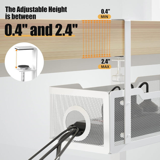 Under Desk Cable Management Tray White, Cinati Wire Organizers No Drill, Cable Tray with Clamp for Wire Management, Cord