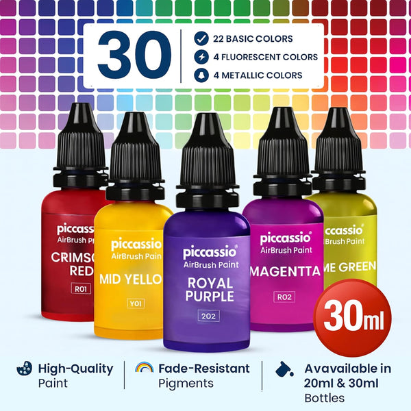 Airbrush Paint, 30 Water-Based, Quick-Drying Colors for Artists & Beginners, Ideal for Wood, Ceramic, Paper, Plaster, Canvas, Plastic (30