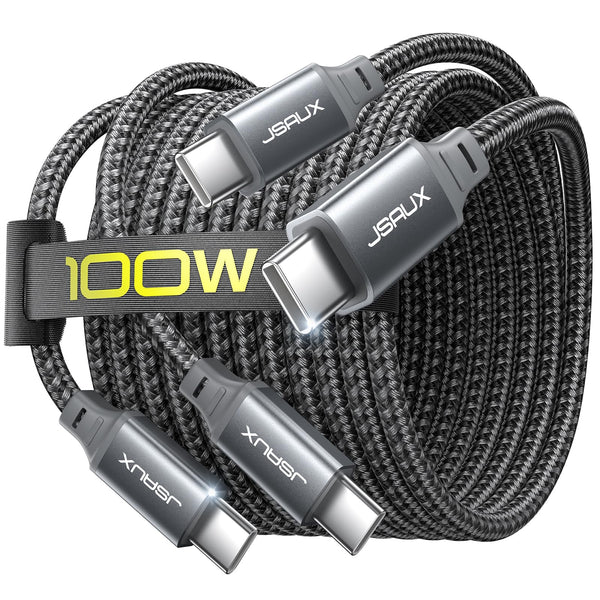 JSAUX 100W USB C to USB C Cable [2-Pack 6.6FT], PD Fast Charging, Grey | 100 Watt Fast Charger, Braided Type-C Cords for iPhone Air/17e/17/16/15