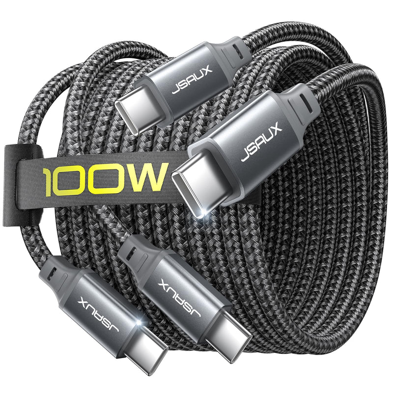 JSAUX 100W USB C to USB C Cable [2-Pack 6.6FT], PD Fast Charging, Grey | 100 Watt Fast Charger, Braided Type-C Cords for iPhone Air/17e/17/16/15