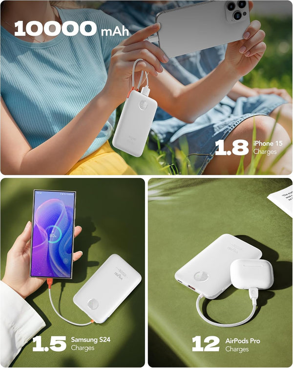 Slim Portable Charger 10000Mah, Travel Power Bank with Built-In USB-C Cable & LED Display, 22.5W Fast Charging Battery Pack Compatible with Iphone
