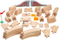 Wooden Train Tracks 68 Piece Expansion Pack Accessories with Arched Bridge, Engine Barge, Dock, Stop & Go Checkpoint, Signal Pole, Cross Track