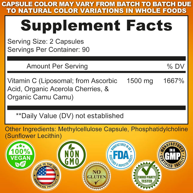 Liposomal Vitamin C Capsules - 1500Mg - Made with Organic Acerola Cherries & Cam