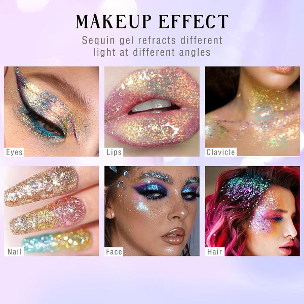 Roll-On Holographic Body Glitter Gel for Face Hair, Chameleon Color Changing Glitter Gel under Light, Chunky Mermaid Sequins Festival Party Rave