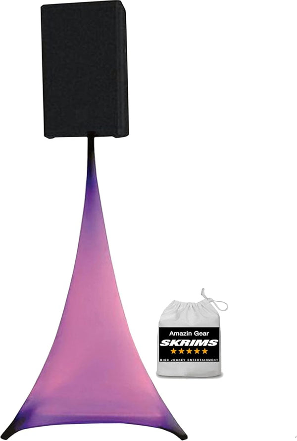 SKRIMS Super Flexible Speaker Stand Cover - Four Way Stretch White Spandex DJ Scrim - 3-Sided Tripod Skirt - 360 Degree Coverage, Cable Management