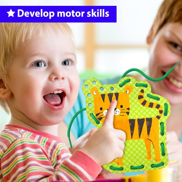 KRAFUN Beginner Preschool Lacing Card Kit for Kids Arts & Crafts, 5 Easy Safari and Animal Lacing Projects, Paper Craft Cards for Toddlers, Fine