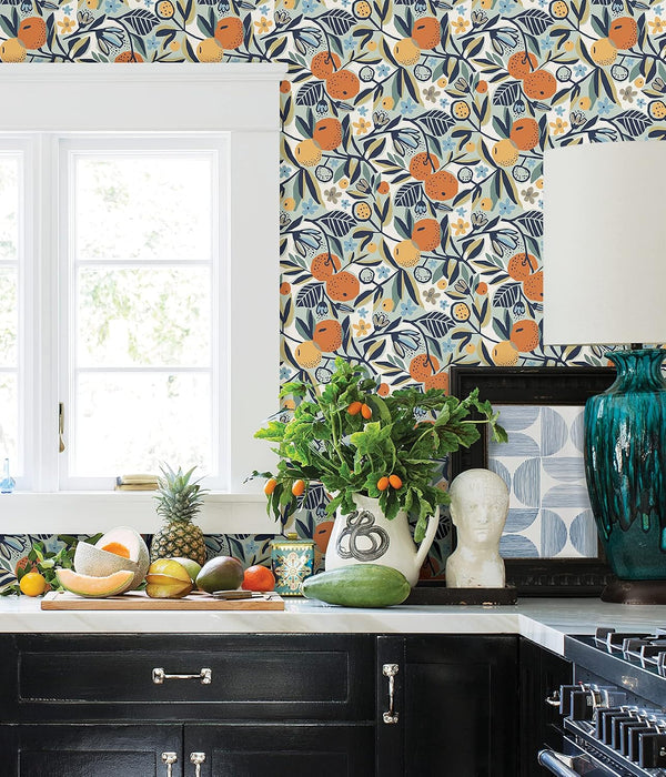NuWallpaper x Pip & Lo Navy Clementine Garden Peel Stick Wallpaper, PLS4199