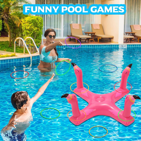 Inflatable Pool Ring Toss Games Toys, Floating Shark Flamingo Swimming Pool Ring with 6Pcs Rings, Swimming Pool Games for Kids Adults Summer Pool