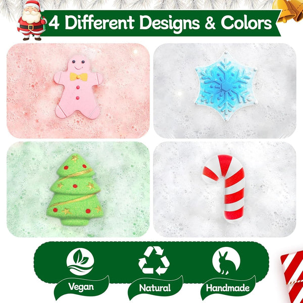 SeasonBliss Christmas Bath Bombs Set, Shower Bombs, Stocking Stuffer, 4 PCS Handmade Bubble Bath with Gingerbread & Christmas Tree & Candy Cane &