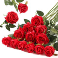 Hawesome 12PCS Artificial Silk Flowers Realistic Roses Bouquet Long Stem for Home Wedding Decoration Party (Red, 6 Flowers 6 Buds) Red 6 Flowers 6