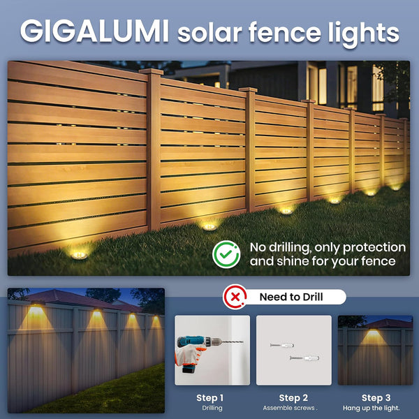 GIGALUMI Solar Ground Lights - No-Drill Fence Lighting Solution, Waterproof Perimeter Lights Compatible with Wood, Metal & Concrete Fences (12