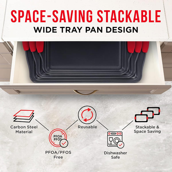 Baking Pan Set – 3 Piece Cookie Sheet – Deluxe Black Non-Stick Carbon Steel – Silicone Handles – Commercial Grade Restaurant Quality – PFOA PFOS