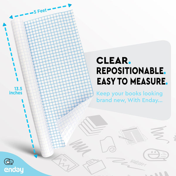 Enday Contact Paper Clear, 13.5” x 5-Feet, Transparent Self Adhesive Book and Textbook Covers for Paperbacks and Hard Covers, Plastic Protective