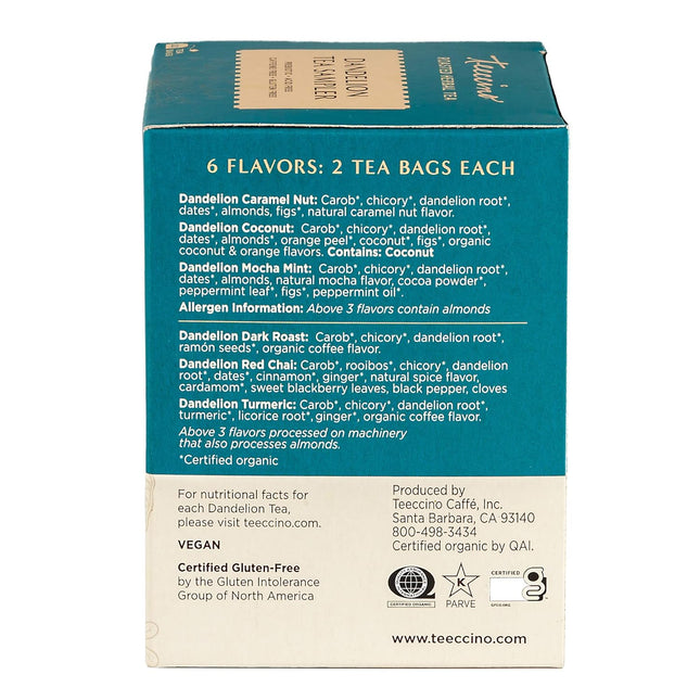 Teeccino Dandelion Tea Sampler - Caramel Nut, Coconut, Dark Roast, Mocha Mint, R