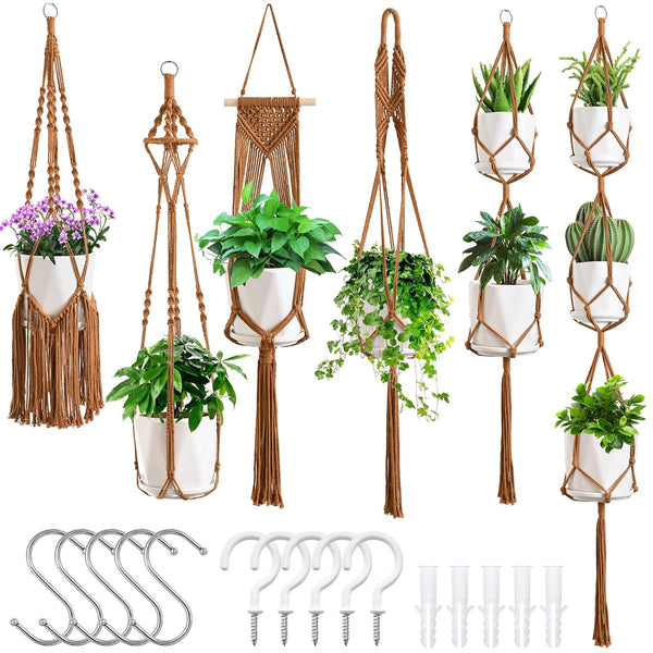 SFENNGPET Macrame Plant Hangers, 6Pack Hanging Planters for Indoor Plants Caramel