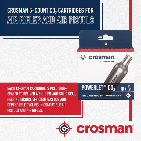 Crosman Powerlet CO2 Cartridges for Air Rifles, Air Pistols & Paintball - Snug Fit, Leak-Free Seal, Durable Metal Construction - Made in USA,
