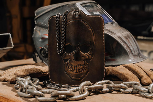 House of Jack Co. Skull Grommet Long Bifold Wallet for Men, Add Your Chain Biker Wallet, Full Grain Cowhide Leather Wallet, Black