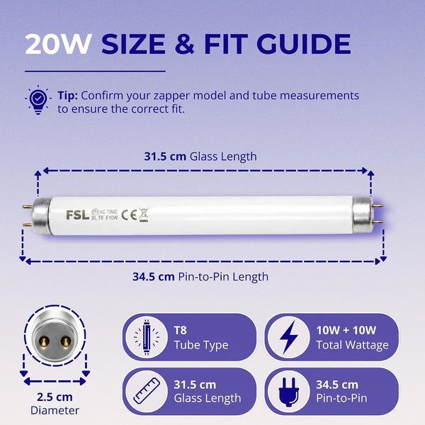ASPECTEK 20W Bug Zapper Replacement Bulbs, 10W T8 UV, 2-Pack