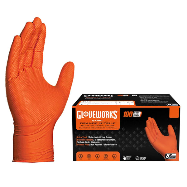 GLOVEWORKS HD Orange Nitrile Gloves, 8 Mil, Disposable, Raised Diamond Texture, Mechanic Gloves