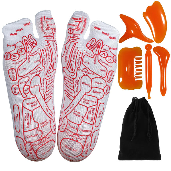 Reflexology Socks with Beginner Acupoint Massage Tools Set of 5 - Foot Pain Relief Remedy for Foot Massage Rod for Women and Men Tired Relieve