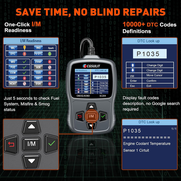 CGSULIT Scan Tool SC204 OBD2 Scanner, Check Engine Light Code Reader with Reset, One-Click I/M, Clear Error Code, DTC Lookup & More, Car