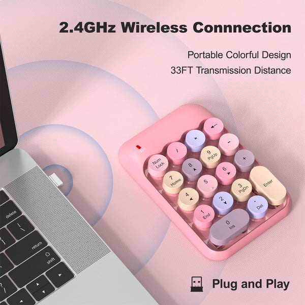 MOFII Wireless Number Pads - Pink Numeric Keypad 18 Keys USB 2.4G round Keycap Colorful Extensions Keypads, Financial Accounting Portable Numpad