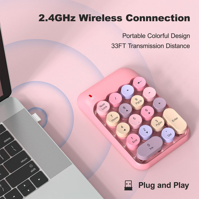 MOFII Wireless Number Pads - Pink Numeric Keypad 18 Keys USB 2.4G round Keycap Colorful Extensions Keypads, Financial Ac