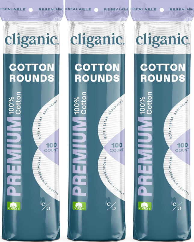 Cliganic Premium Cotton Rounds for Face (300 Count) - Makeup Remover Pads, Hypoa