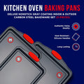 Baking Pan Set – 3 Piece Cookie Sheet – Deluxe Black Non-Stick Carbon Steel – Silicone Handles – Commercial Grade Restaurant Quality – PFOA PFOS