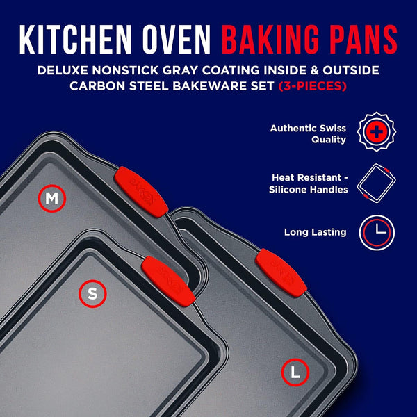 Baking Pan Set – 3 Piece Cookie Sheet – Deluxe Black Non-Stick Carbon Steel – Silicone Handles – Commercial Grade Restaurant Quality – PFOA PFOS