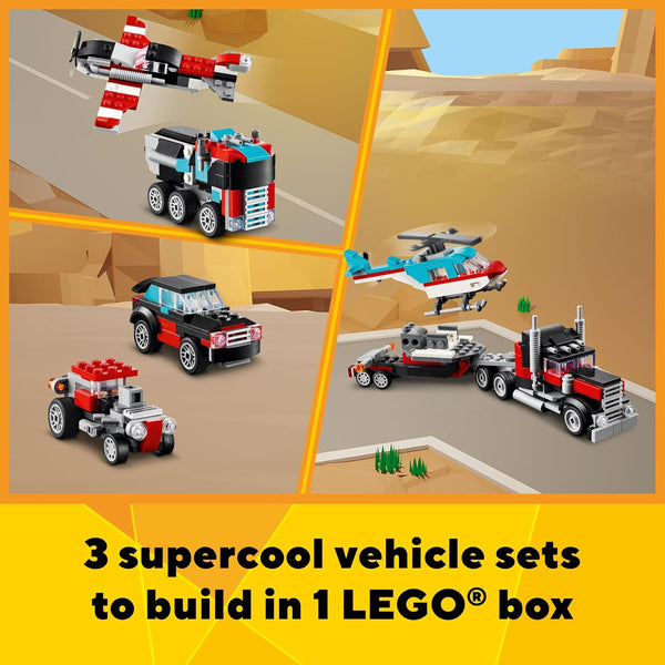 LEGO Creator 3 in 1 Flatbed Truck with Helicopter Toy, Transforms from Flatbed Truck Toy to Propeller Plane to Hot Rod and SUV Cars, Gift Idea for