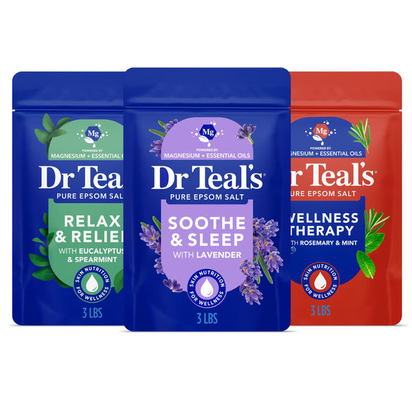 Dr Teal's Epsom Salt Magnesium Soak, Lavender, Eucalyptus & Wellness Trio, 3 lbs (Pack of 3) Lavender, Eucalyptus, and Rosemary 48 Ounce (Pack of 3)