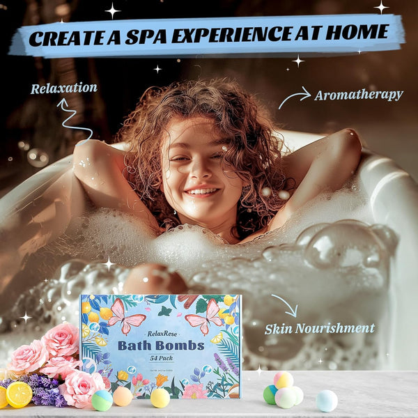 54 Pack Handmade Bath Bombs â 11 Vibrant Colors & 9 Unique Scents, Long-Lasting Fizzy Bubbles & Colorful Magic, 7-Minute Dissolve for Relaxation,
