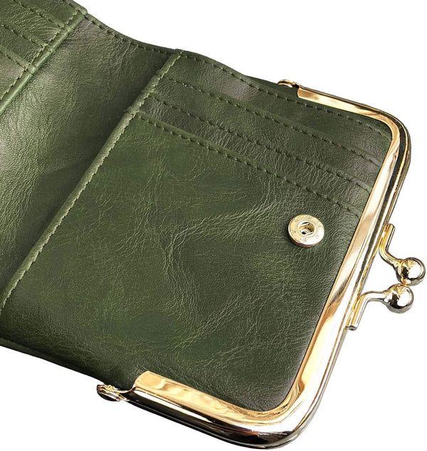AOXONEL Womens Wallet Small Rfid Ladies Compact Bifold Leather Vintage Coin Purse With Zipper and Kiss Lock Green